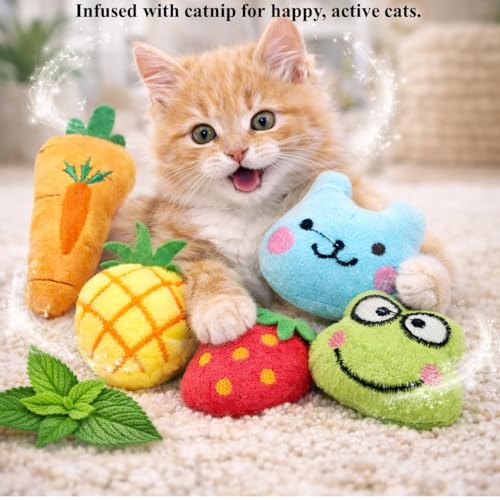 Catnip Toys for Indoor Cats – 5 Pack Plush Cat Toys with Catnip, Interactive Kicker & Chew Toys for Kittens, Cute Soft Indoor Cat Toy Set, Fruit & Animal Designs