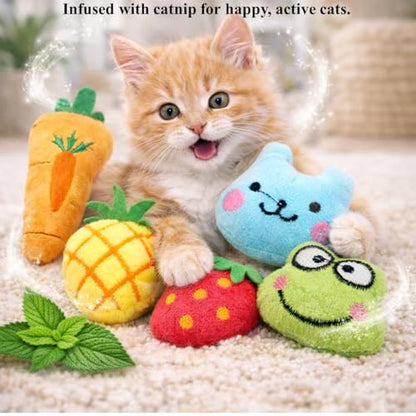 Catnip Toys for Indoor Cats – 5 Pack Plush Cat Toys with Catnip, Interactive Kicker & Chew Toys for Kittens, Cute Soft Indoor Cat Toy Set, Fruit & Animal Designs
