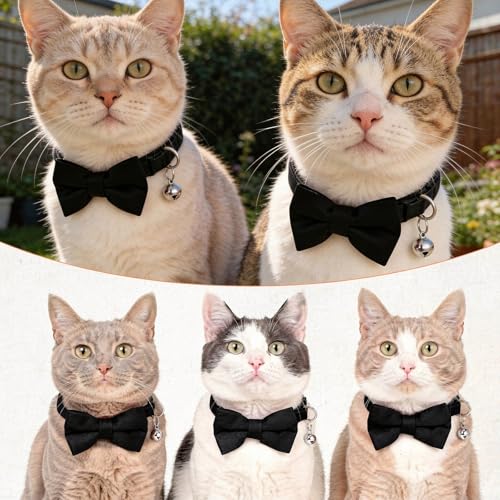 Velvet Cat Collar, Removable Kitten Bow Tie - Breakaway Cat Collar with Bell - Safety Buckle, Adjustable 7-11 Inches for Cats
