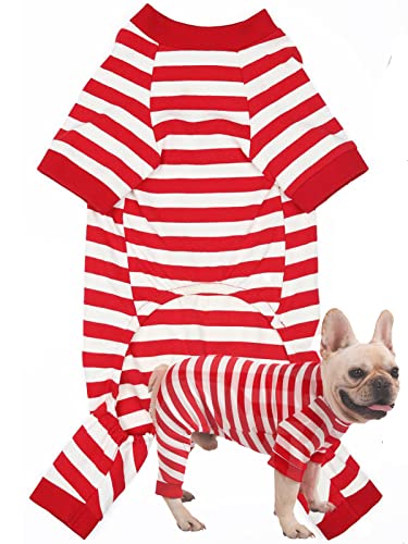 Dog Christmas Pajamas for Large Dogs, Cotton Thermal Dog Pjs Jumpsuit with Cover Legs Christmas Puppy Clothes, Striped Onesie Suit for Small Medium Large Dogs - size: X-small