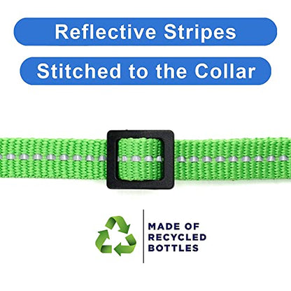 Pawtitas Recycled Green Reflective Cat Collar – Eco-Friendly Breakaway Safety Buckle, Adjustable Kitten & Adult Collar with Removable Bell and High-Visibility Strap - color: Recycled Green