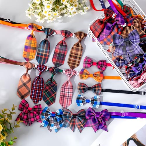 Reginary 100 Pieces Dog Bow Tie Collar Set Include 40 Dog Neckties, and 30 Puppy Bowties, 30 Collar Flowers, Adjustable Pet Ties Grooming for Small Medium Cats Pets Supply(Plaid) - style: Plaid