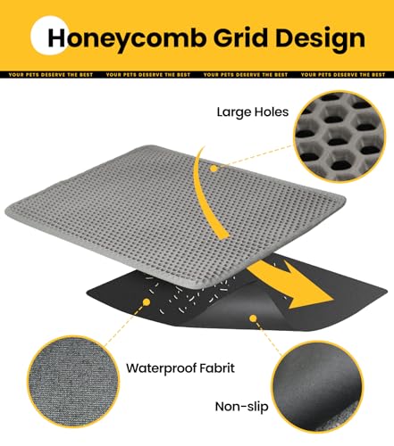 Cat Litter Trapping Mat, 27"x19" Universal Fit Litter Box Floor Mat, Hexagon Grids & Anti-Leak Base, Machine Washable, Non-Slip Kitty Mat for Most Homes, Gray - color: Gray
