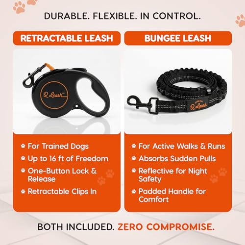 Retractable Hands Free Dog Leash with Zipper Storage Pouch - 3-Piece Bungee Running, Walking & Hiking Leash with Waist Belt - Release Clip, One Button Lock - Reflective Stitching for Medium Large Dogs - color: Q-Leash 3-Piece