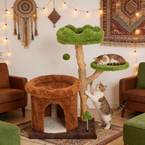 32-Inch Multi-Level Cat Tree Tower, Natural Wooden Cat Furniture with Sisal Scratching Posts, Beds & Condo, Cute Cat Tree for Indoor Cats, Multi-Cat Householdsolds - color: Green