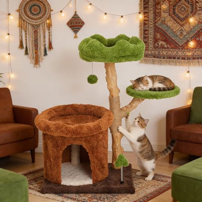 32-Inch Multi-Level Cat Tree Tower, Natural Wooden Cat Furniture with Sisal Scratching Posts, Beds & Condo, Cute Cat Tree for Indoor Cats, Multi-Cat Householdsolds - color: Green