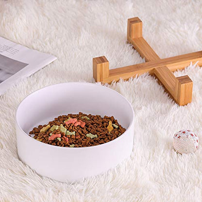 Ceramic Dog Bowl with Bamboo Stand - Large Dog Dish for Food and Water - Heavy Weighted, No Tip Over - 8.4" Diameter - White - color: White