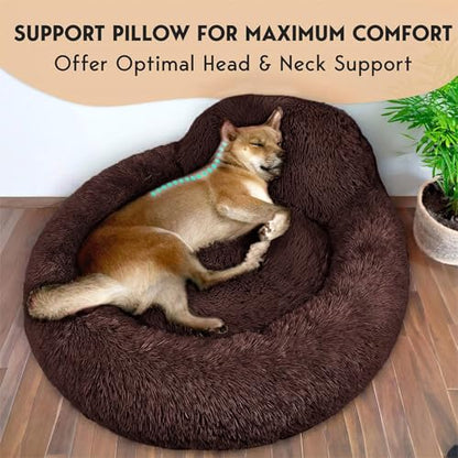 PetJett Calming Dog Bed Medium Size Dog - 30'' Donut Bed, Anti-Slip & Washable Super Soft Fluffy Plush Round Bed, Anti-Anxiety Premium Comfort Pet Bed, Fits Dogs up to 45 lbs - Brown - color: Brown, size: Medium - 30”L x 30”W x 8”Th