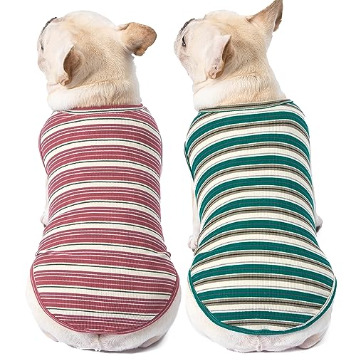 Dog Shirts Vest Cotton Striped T-Shirt, Sleeveless Stretchy Pet Clothes for Small Dogs, 2-Pack Soft Breathable Puppy Tank Top Cat Tee (Small, Pine Green,Plum Red) - color: Pine Green,Plum Red, size: Small