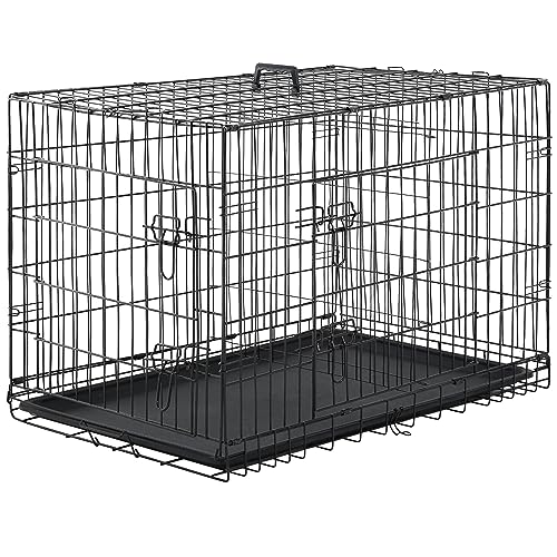 24/7 Shop at Home Gossamer Metal Double Door Folding Wire Pet Crate with Divider, Removable Tray, and Handle for Outdoor and Indoor Medium Dog, 36-inch, Black - size: 36.4"L x 22.6"W x 24.8"H