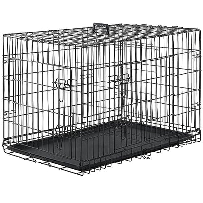24/7 Shop at Home Gossamer Metal Double Door Folding Wire Pet Crate with Divider, Removable Tray, and Handle for Outdoor and Indoor Medium Dog, 36-inch, Black - size: 36.4"L x 22.6"W x 24.8"H
