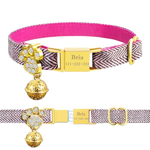 Personalized Breakaway Cat Collars - Magnetic Buckle, Bell - Safety Quick Release, Customized for Girls & Boys Cats- (Herringbone-Rose Red) - color: Herringbone-Rose Red