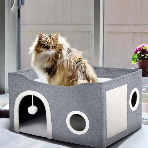 Heeyoo Cat House for Indoor Cats - Large Cat Bed Cave with Fluffy Ball and Scratch Pad, Foldable Cats Houses & Condos, Cat Hideaway, Covered Kitty Bed for Multi Small Large Kitty, 23.8x15.9x13.2 Inch - style: Without heat pad