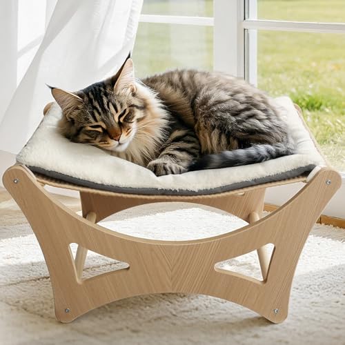 Cat Hammock Bed, Wooden Elevated Cat Beds with Natural Sisal Scratching Mat, Cats Scratcher Bed with Removable Soft Cushion, Cats Scratching Beds with Wood Frames, 22" L x 17.7" W - color: Natural Wood