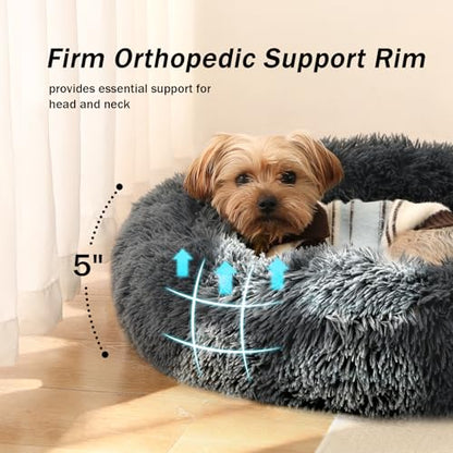 Calming Donut Dog Bed for Small to Medium Dogs & Cats - Plush Faux Fur Anti-Anxiety Pet Bed with Machine Washable Cover & Non-Slip Base - color: Dark gray, size: Small 19.6''