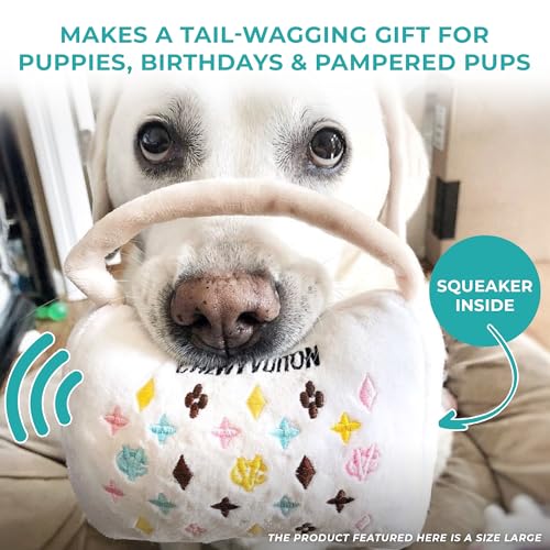 Haute Diggity Dog Chewy Vuiton Handbag Plush Squeaky Dog Toy, Soft Durable Designer-Inspired Stuffed Puppy Chew Toys for Small & Medium Dogs, Machine-Washable (White) Large - color: White Purse, size: Large