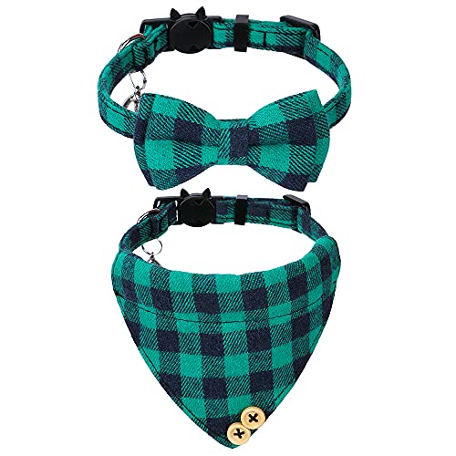 Faleela Breakaway Cat Collar with Bells - 2 Pack Cat Collar with Bells, Cat Collars with Bandana, Accessories for Pet Collars, Adjustable for Cats and Small Dogs - color: Green bow+bandana