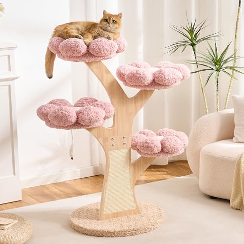 797Audio Flower Cat Tree, 48" Wood Branch Cat Tower, Pink Cloud Cat Tree with Scratching Post for Indoor Adult Cats, Luxury Cat Tree with Cozy Perches & Interactive Squeaky Hanging Toy - color: Pink, size: 48"