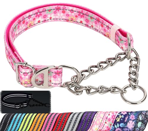 Reflective Martingale Dog Collar with Soft Padded,Adjustable Heavy Duty Choke Steel Chain Big Dog Training, Walking, Hunting Collar for All Breeds (Pink Flowers L) - color: 2, size: L(Neck15"-22")