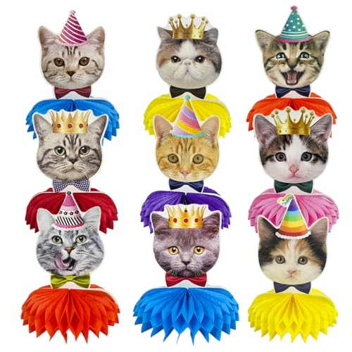 9Pcs Cat Honeycomb Table Decoration Set – 6" Paper Kitten Centerpieces, Pre-Assembled & Reusable, Indoor Party Decor for Cats & Kids - size: Cat Honeycomb Table Decoration Set