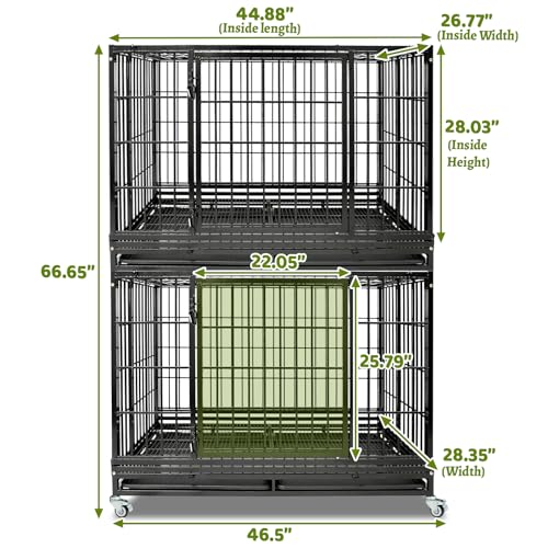 47 Inch Heavy Duty Dog Crate for Large Dogs, Two Tiers Chew-Proof Drop Cage for Dog with 4 Lockable Wheels, Escape Proof Auto-Lock & Buckle, Double-Access Wide Door Dog Kennel Indoor - size: 47.0"L x 29.0"W x 67.0"H
