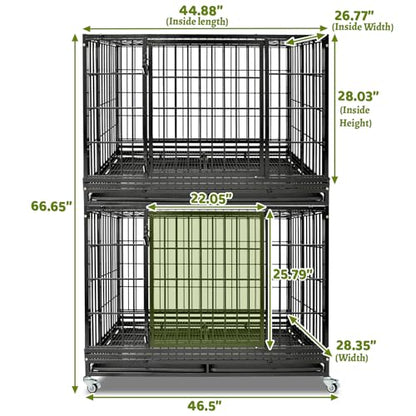 47 Inch Heavy Duty Dog Crate for Large Dogs, Two Tiers Chew-Proof Drop Cage for Dog with 4 Lockable Wheels, Escape Proof Auto-Lock & Buckle, Double-Access Wide Door Dog Kennel Indoor - size: 47.0"L x 29.0"W x 67.0"H
