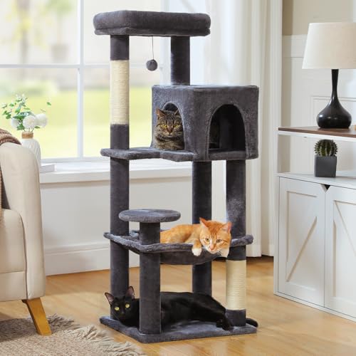 MUTTROS Cat Tree for Indoor Cats, 44.5" Multi-Level Cat Tower with Large Metal Frame Hammock, Cat Condo with 2 Scratching Posts and Top Perch for Small to Medium Cats, Dark Gray - color: Dark Gray, size: 44.5in