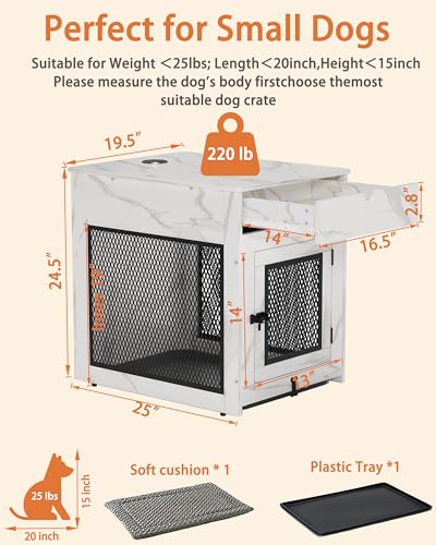 Dog Crate Furniture,Wooden Dog Crate End Table with Storage Drawer&Cushion&Tray, QC3.0 Wireless Charging,Dual USB,Small Dogs Marble White - color: Marble White, size: 25.0"L x 19.0"W x 24.0"H