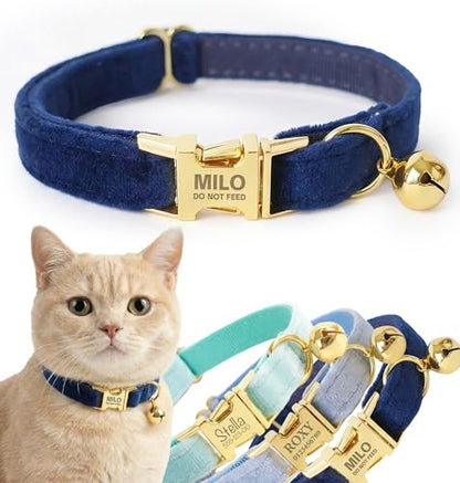 Personalized Velvet Cat Collar with Bell, Custom Engraved Name and Phone Number, Adjustable Luxury Kitten Collar, Non-Breakaway Secure ID Collar for Cats and Kittens - color: Dark Blue, size: L