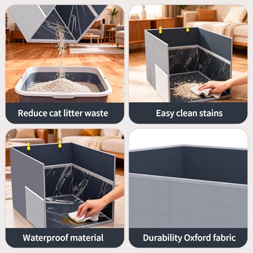 2PCS Cat Litter Box Enclosure Splash Guard, All-in-One Large Waterproof Gray Foldable Pet Litter Box Shield - color: Gray-2PC
