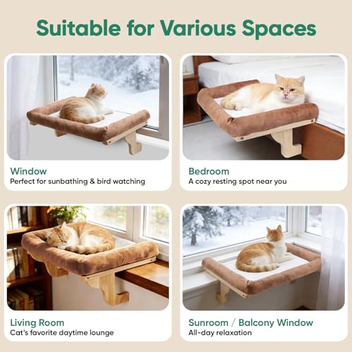 Cat Window Perch with Bolster, Large Hammock Bed for Indoor Cats, Solid Wood & Metal Frame Mounted Perch, Cozy Sunbathing Lounge Bed, 25” Wide (Brown Bed) - color: Brown