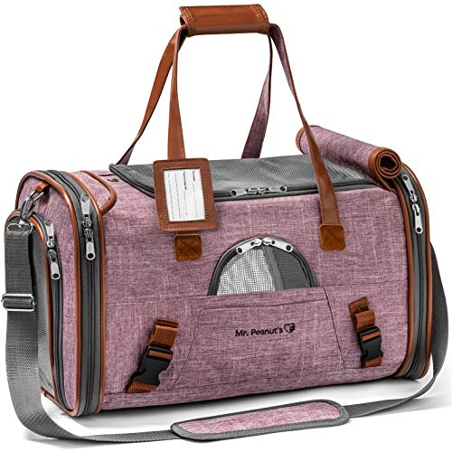 Mr. Peanut's Airline Approved Soft Sided Pet Carrier, Low Profile Gold Series Tote, Premium Brand Self Locking Zippers, Under Seat Compatibility, Plush Faux Fleece Bedding with a Sturdy Plywood Base - color: Purple
