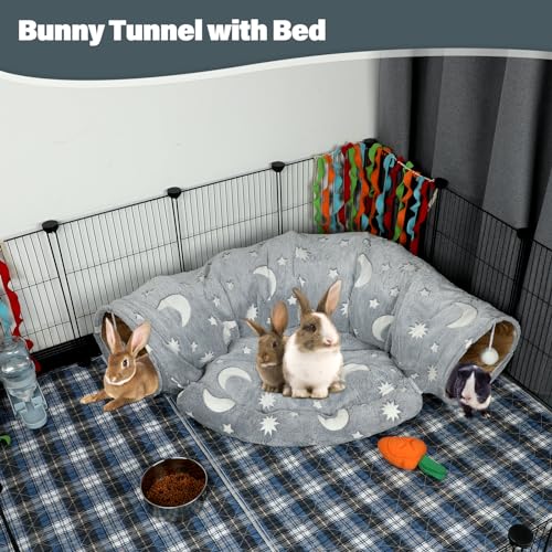 BWOGUE Bunny Tunnel Bed, 2-in-1 Collapsible Tunnel Tubes Toys with Removable Mat Hideout for Cats Kittens Rabbits Guinea Pigs Kitty - color: Grey