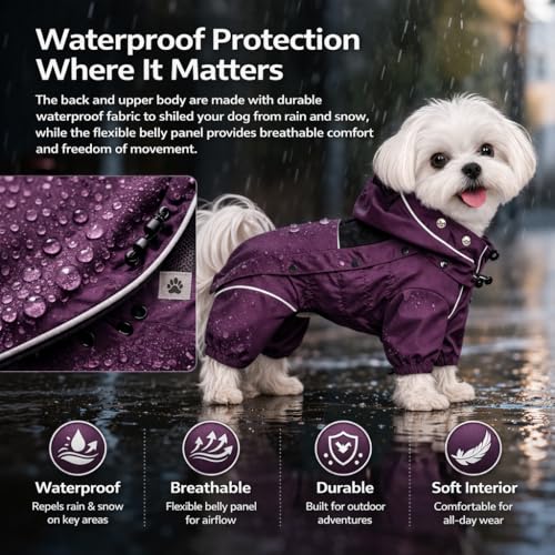 LOVELONGLONG Waterproof Dog Raincoat with Removable Hood – Outdoor Full Body Dog Jacket, Windproof Snowproof Shell Suit – All Season Pet Rain Gear Plum Purple XXS - color: Plum Purple, size: XXS (Back 9")
