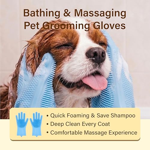 7PCS Dog Bath Supplies, Pet Grooming Kit for Dogs & Cats and Horses - Dog Washing Gloves, Pet Grooming Gloves, Dog Towel 40'' X 23.6'', Dog Bath Brush, Dog Shampoo Brush, Dog Finger Toothbrush (Blue)