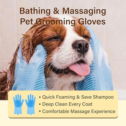 7PCS Dog Bath Supplies, Pet Grooming Kit for Dogs & Cats and Horses - Dog Washing Gloves, Pet Grooming Gloves, Dog Towel 40'' X 23.6'', Dog Bath Brush, Dog Shampoo Brush, Dog Finger Toothbrush (Blue)