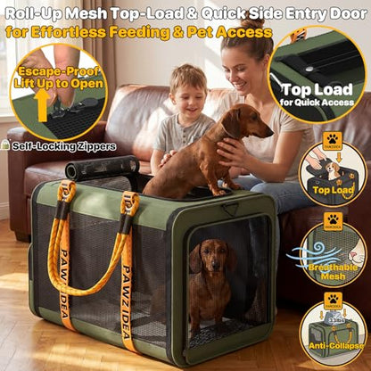 PAWZIDEA Expandable Large Pet Carrier with Wheels, 24x16x16 in Rolling Cat Carrier for 2–4 Cats up 55lb, Soft-Sided Collapsible Small Medium Dog Crate for Car Travel, Telescopic Handle, Storage Pocket - color: Dark Green-Wheels-XL