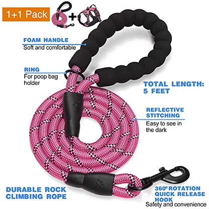 tobeDRI No Pull Dog Harness Adjustable Reflective Oxford Easy Control Medium Large Dog Harness with A Free Heavy Duty 5ft Dog Leash - color: Pink Harness+Leash, size: Large