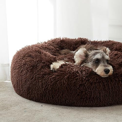 WESTERN HOME WH Calming Dog Bed & Cat Bed, Anti-Anxiety Donut Dog Cuddler Bed, Warming Cozy Soft Dog Round Bed, Fluffy Faux Fur Plush Dog Cat Cushion Bed for Small Medium Dogs and Cats - color: Coffee, size: 27.0"L x 27.0"W x 8.0"Th
