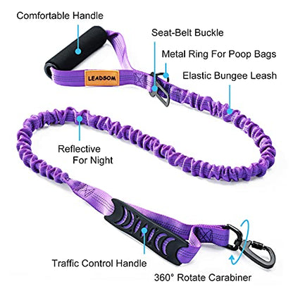 6FT Highly Reflective Heavy Duty Elastic Bungee Medium and Large Dog Leash Shock Absorbing with Comfortable Padded Handle and Traffic Handle Suitable for Training - color: Purple