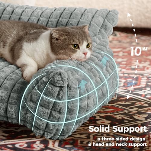 Cute Small & Medium Dog Couch Bed – Supportive & Fluffy Pet Sofa with Faux Rabbit Fur Washable Cover in 3D Diamond Pattern, 36" Grey - color: Grey, size: Large: 36"L x 27"W x 10"Th