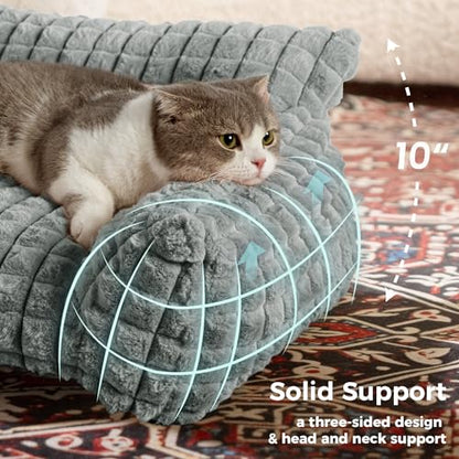 Cute Small & Medium Dog Couch Bed – Supportive & Fluffy Pet Sofa with Faux Rabbit Fur Washable Cover in 3D Diamond Pattern, 36" Grey - color: Grey, size: Large: 36"L x 27"W x 10"Th