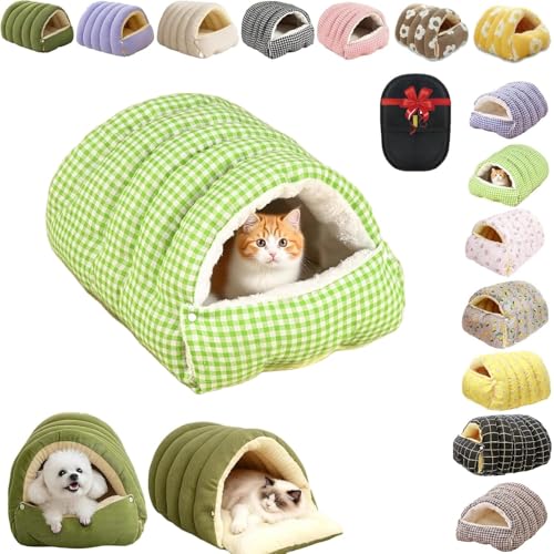 Removable and Washable Winter Closed-Off Cat Bed, Cutypet Winter Cave, Warm Foldable Secure Pet Nest for Indoor Cats & Small Dogs, Comfor Plush Snuggle Hut for Kitty, Puppy, Pets (Linen-Green,L) - color: Linen-Green, size: L
