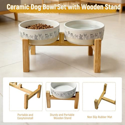 Elevated Ceramic Cat Bowls with Wooden Stand，6.1inch Raised Cat Bowls with Cute Pattern for Small and Medium Breed Dogs,2 Pack Cats Food and Water Bowl Set,Weighted Pet Dishes Dishwasher Safe - size: 2 pack bowl with stand