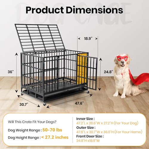 Oranland 48 inch Heavy Duty Indestructible Dog Crate,2025 New Upgraded Reinforced Baseplate for Large Dogs,XL Dog Crate for High Anxiety Dogs/Max Load Capacity 250lbs/Double Door with Wheels