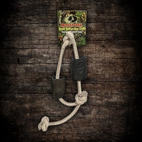 QT Dog Mossy Oak: Water Buffalo Horn & Tug Dog Chew - 34" Slip-Knot Natural Cotton Rope, Pet Toy, No Preservatives, Horn, Long-Lasting, Combines Play-Chewing - style: 34"