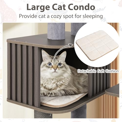 PETSITE 59.5 Inches Modern Cat Tree, Multi-Level Cat Tower with Scratching Posts, Large Condo with Removable Pad, Cushioned Soft Top Perch, and Interactive Dangling Ball (Grey) - color: Grey