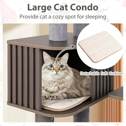 PETSITE 59.5 Inches Modern Cat Tree, Multi-Level Cat Tower with Scratching Posts, Large Condo with Removable Pad, Cushioned Soft Top Perch, and Interactive Dangling Ball (Grey) - color: Grey