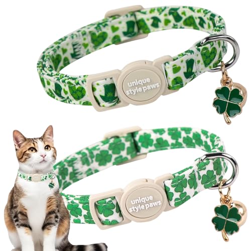 Unique style paws 2 Pack St. Patrick's Day Kitten Collar Breakaway with Bell&Pendant, Adjustable Safety Green Clover Magic Hat Cat Cotton Collar for Girl Boy Cat and Small Pet - color: clover magic hat