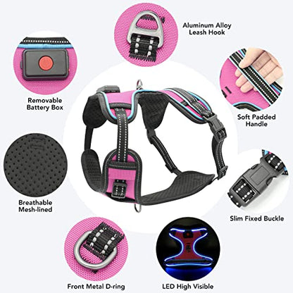Safety LED Dog Harness - Light Up Dog Vest, No-Pull Dog Harness - Rechargeable Glowing Pet Harness for Night Walking & Camping (Pink+Blue Light, Medium) - color: Pink+Blue Light, size: Medium
